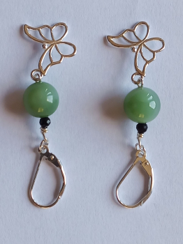 silver earrings-leverbacks with jadeite and tourmaline beads and butterfly-the colours are green and black---